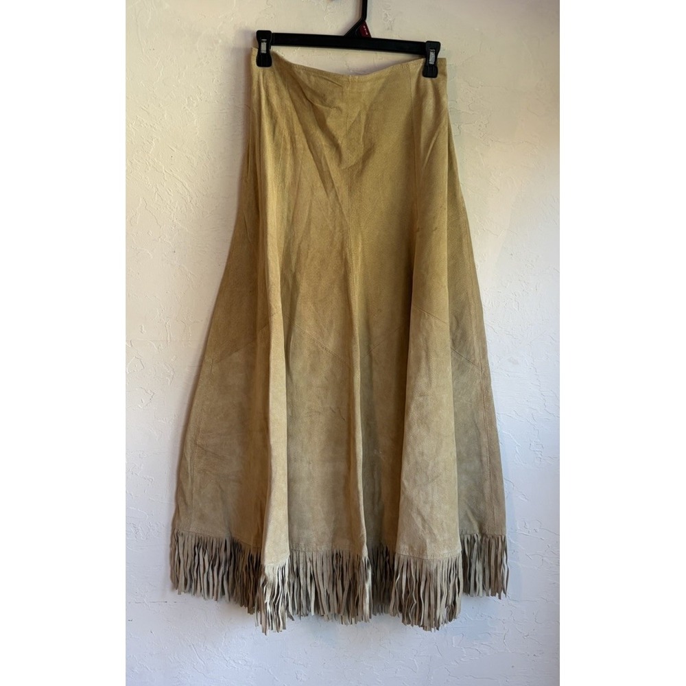 Vintage 90s Double D Ranch Suede Fringe Maxi A Line Skirt M Luxury Western Tan